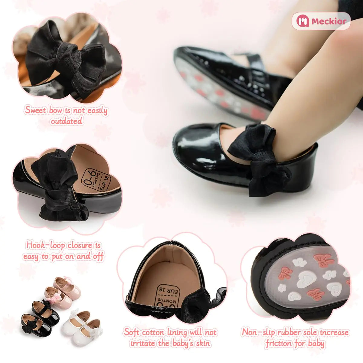 Meckior Infant Baby Girls Soft Sole Bowknot Princess Wedding Dress Mary Jane Flats Prewalker Newborn Light Baby Sneaker Shoes 6-12 Months Infant B05/Black