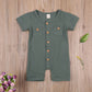 Solid Color Short Sleeve Round Neck Button Baby Playsuit