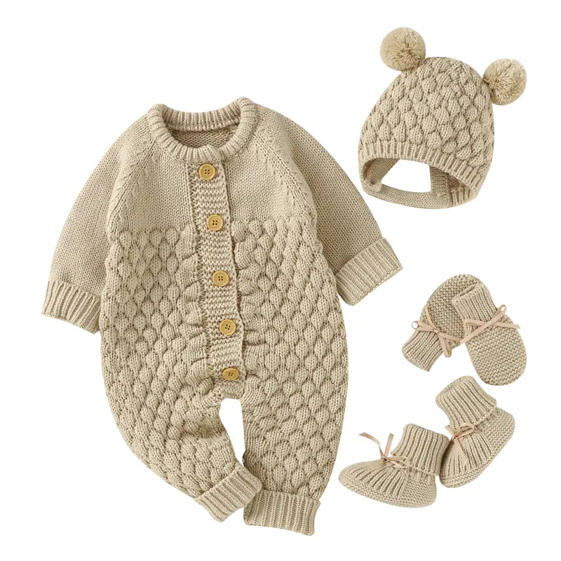 Baby Knit Set - Romper, Beanie, Mittens & Booties