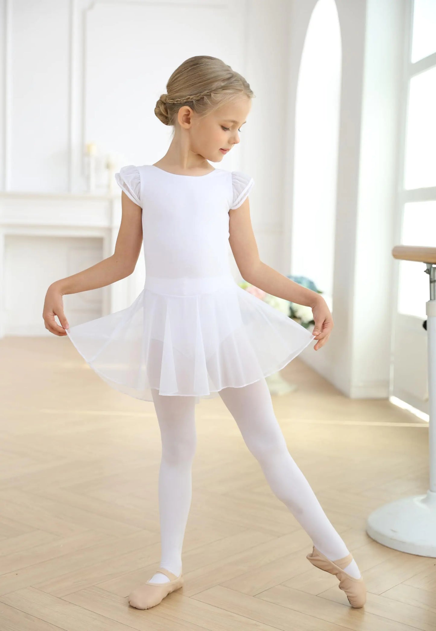 MdnMd Ballet Leotards for Girls Toddler Dance Ballet Leotard with Skirt Ballerina Dresses Tutu Outfits Flutter Sleeve 10-12 Years T71 - White