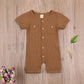 Solid Color Short Sleeve Round Neck Button Baby Playsuit