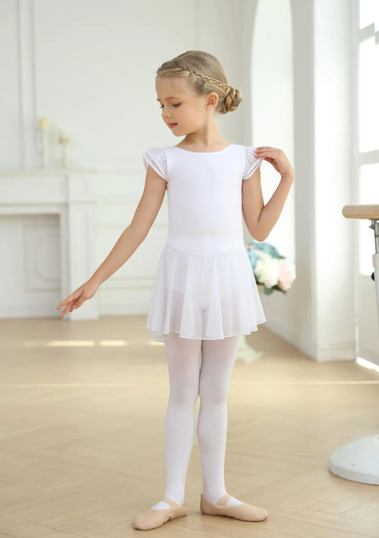 MdnMd Ballet Leotards for Girls Toddler Dance Ballet Leotard with Skirt Ballerina Dresses Tutu Outfits Flutter Sleeve 10-12 Years T71 - White