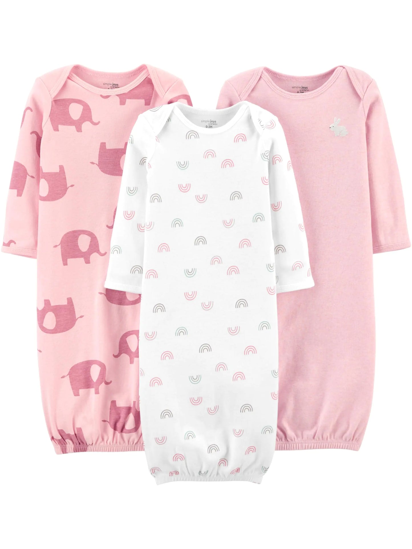 Simple Joys by Carter's Baby Girls' 3-Pack Cotton Sleeper Gown 0-3 Months Light Pink Bunny/White Rainbow/Elephants