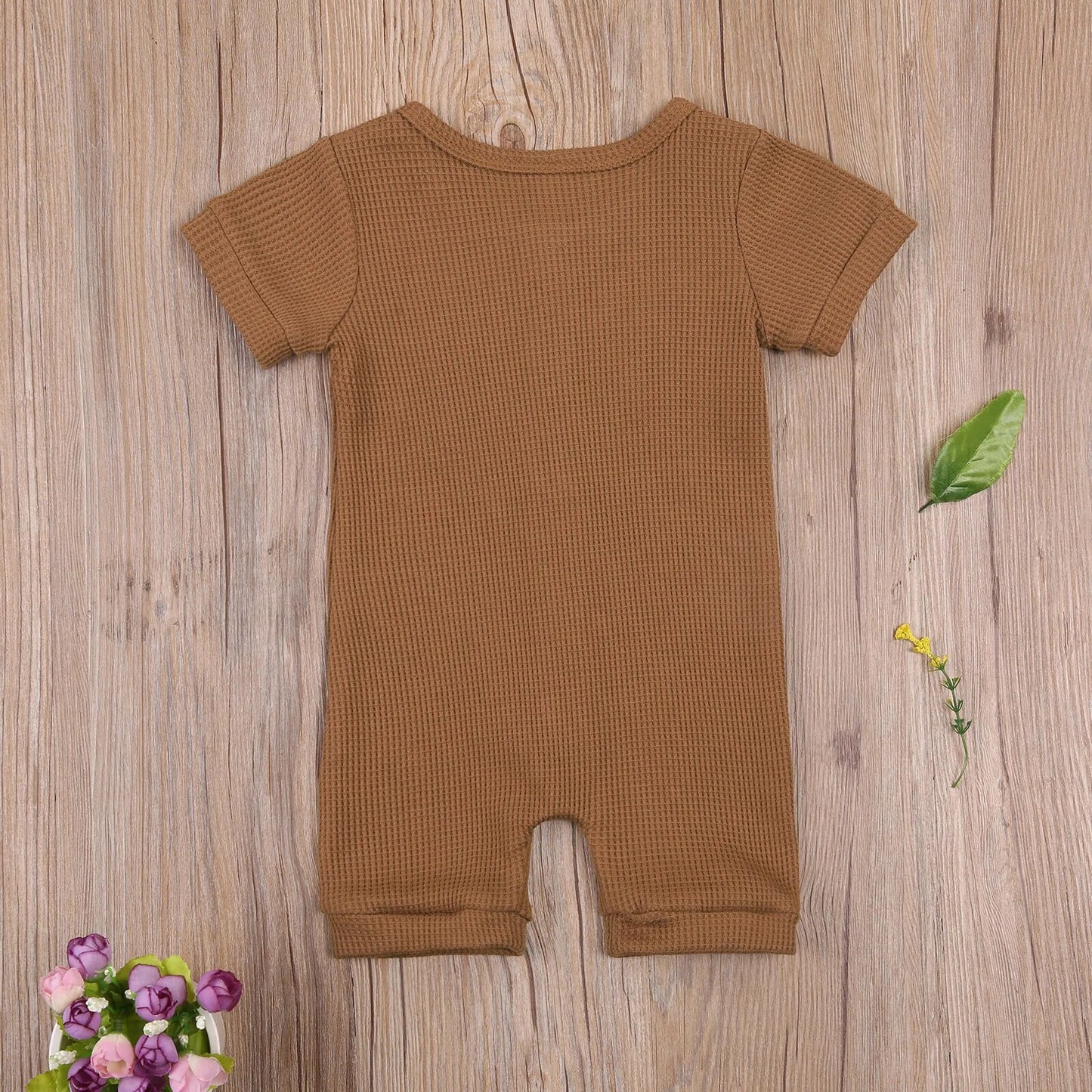 Solid Color Short Sleeve Round Neck Button Baby Playsuit