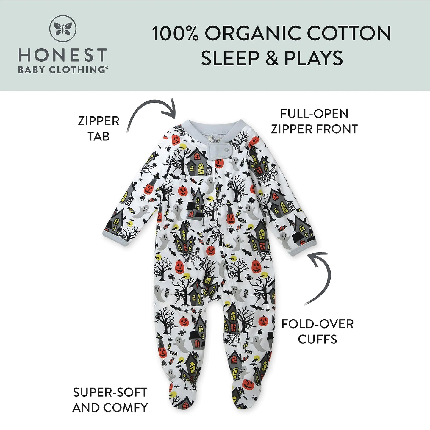 HonestBaby Sleep and Play Footed Pajamas One-Piece Sleeper Jumpsuit Zip-Front PJs Organic Cotton for Baby Boys, Unisex 1 Haunted House 0-3 Months