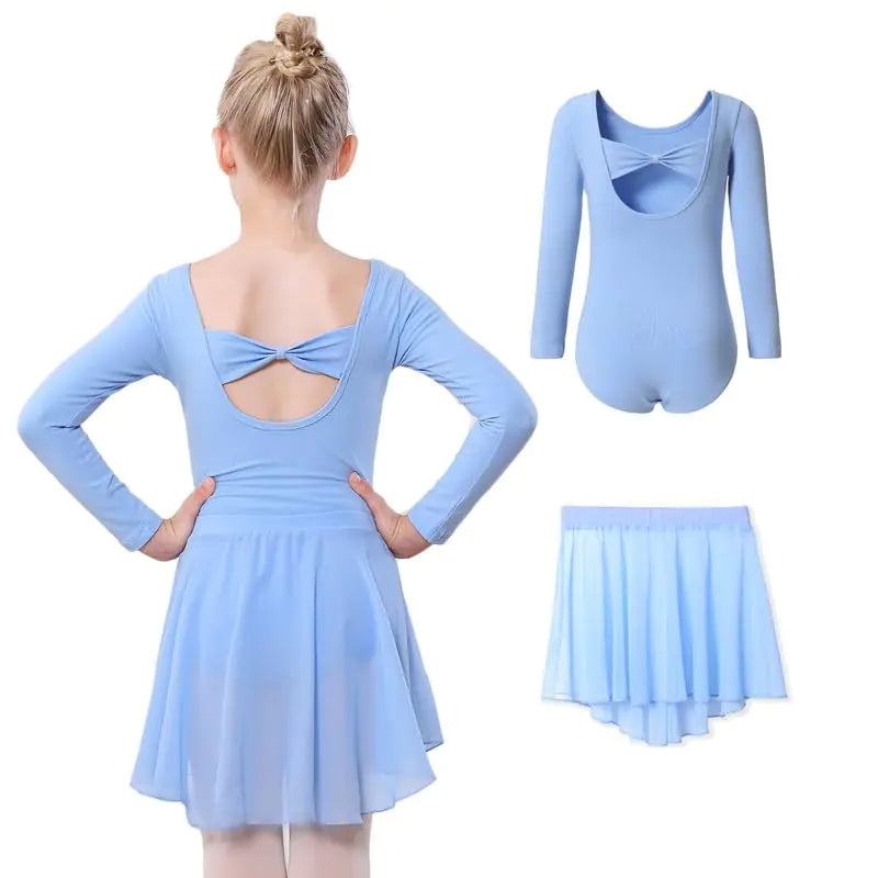 DIPUG Girls Ballet Leotards with Removable Skirt Toddler Hollow Back Dance Dress Combo Long Sleeve 10-12 Years Blue-long Sleeve