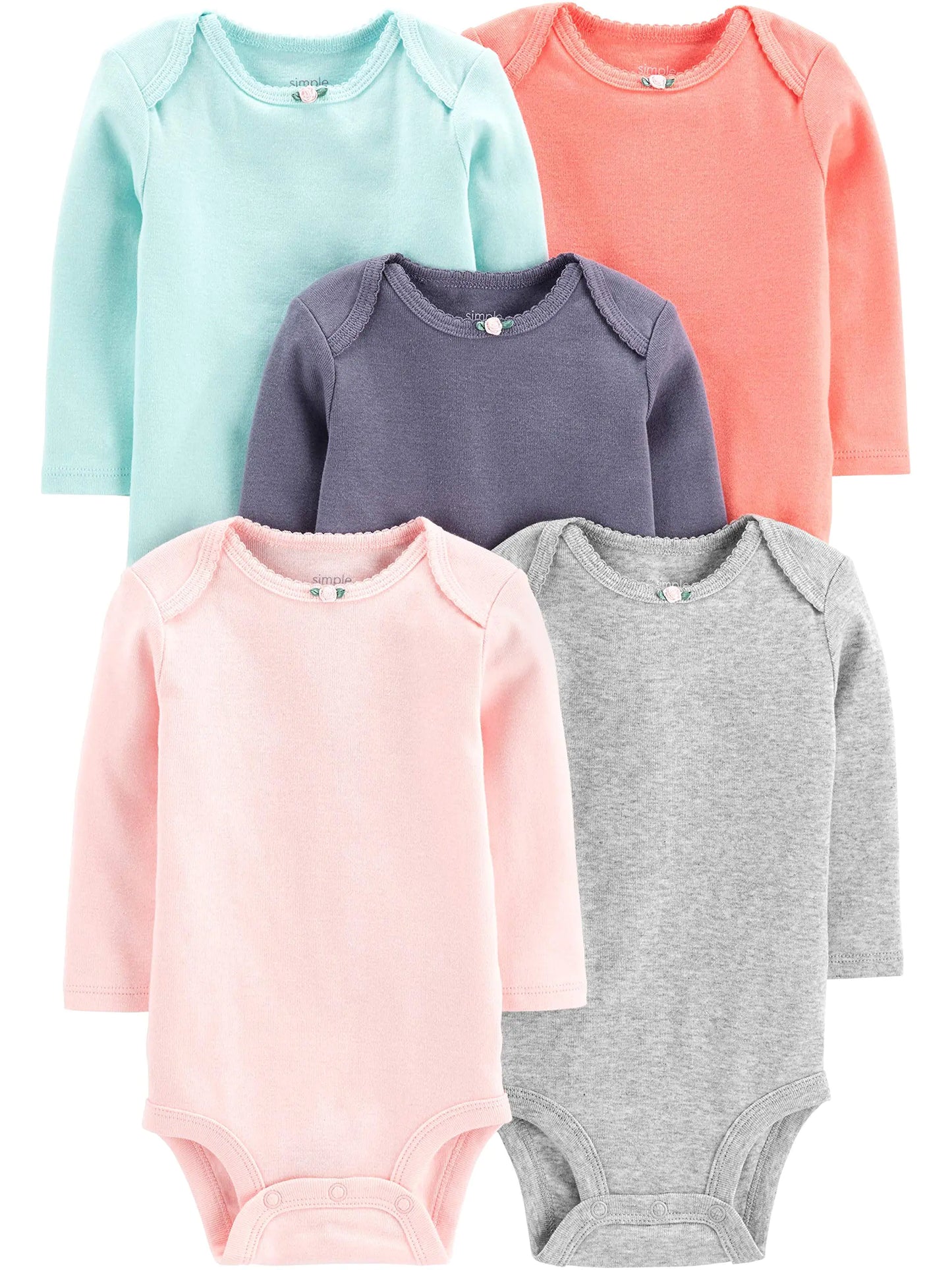 Simple Joys by Carter's Baby Girls' Long-Sleeve Bodysuit, Pack of 5 0-3 Months Grey/Mint Green/Navy/Peach/Pink