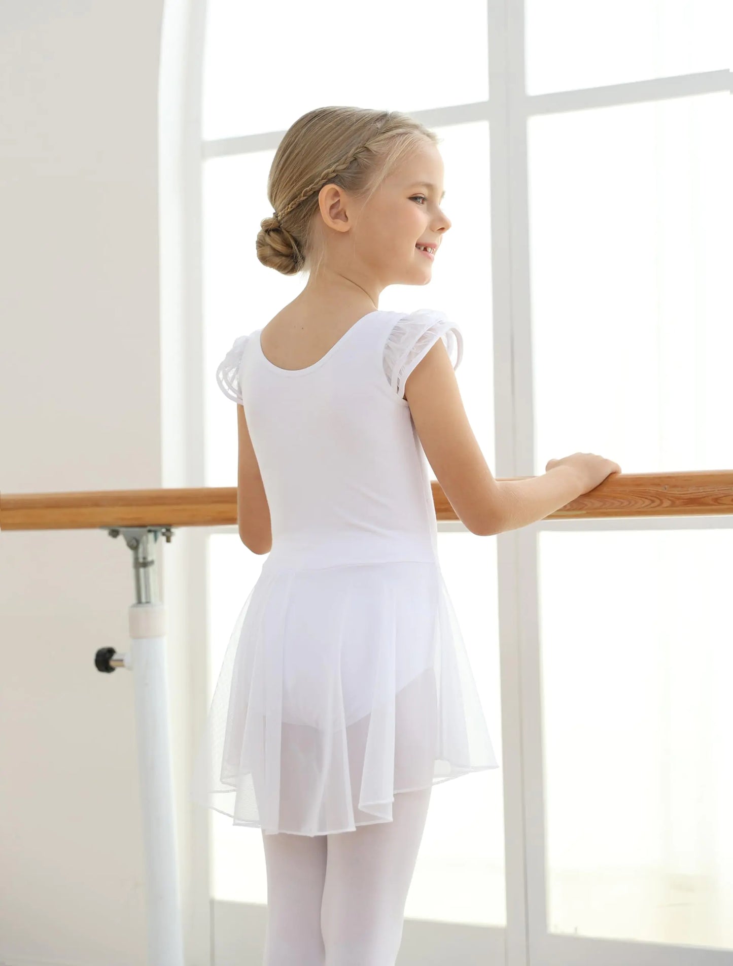 MdnMd Ballet Leotards for Girls Toddler Dance Ballet Leotard with Skirt Ballerina Dresses Tutu Outfits Flutter Sleeve 10-12 Years T71 - White