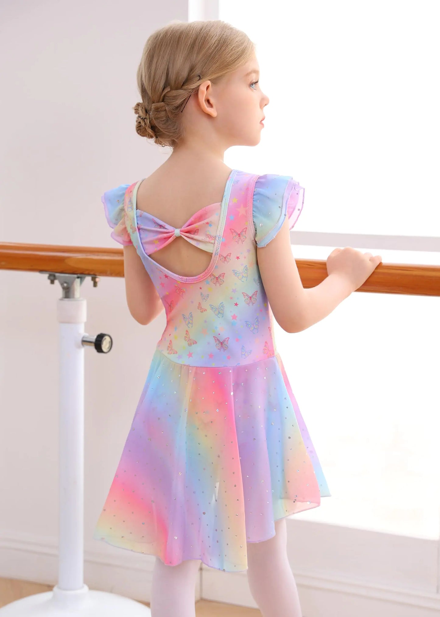 MdnMd Ballet Leotards with Skirt Toddler Girls Dance Ballerina Outfit Dresses Short Sleeve Rainbow Butterfly 4-5T